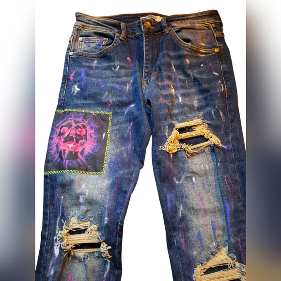 Sugarhill Men Psychedelic Jeans 30×31 Distressed Stretch Denim - Picture 3 of 9